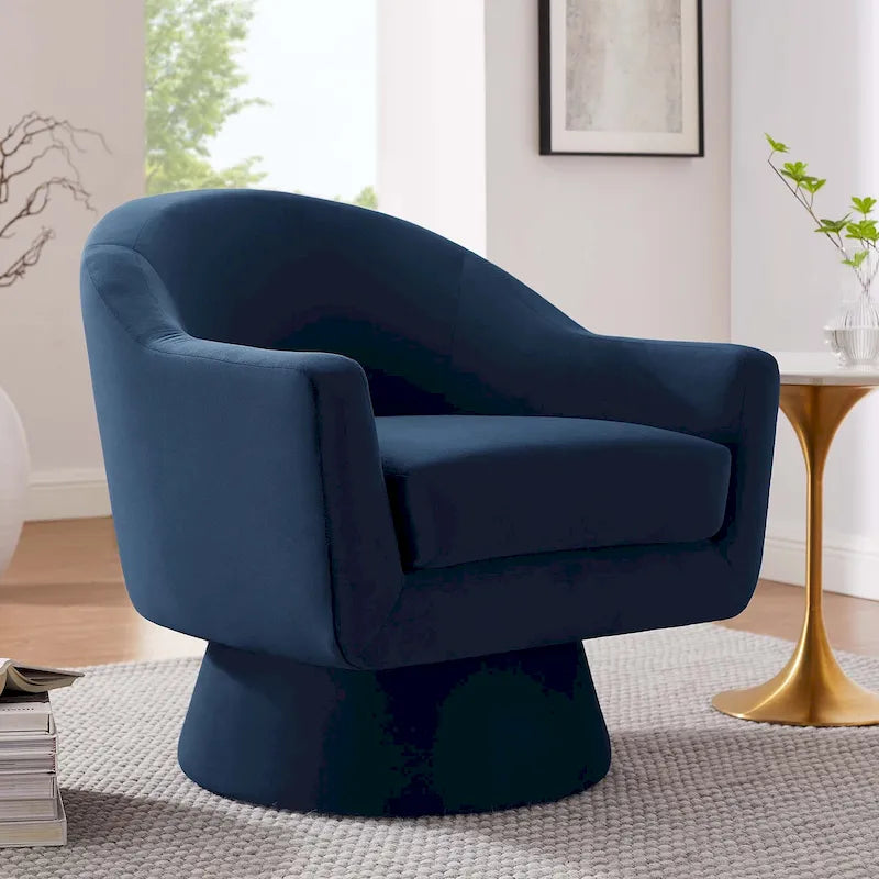 Performance Velvet Fabric and Wood Swivel Chair