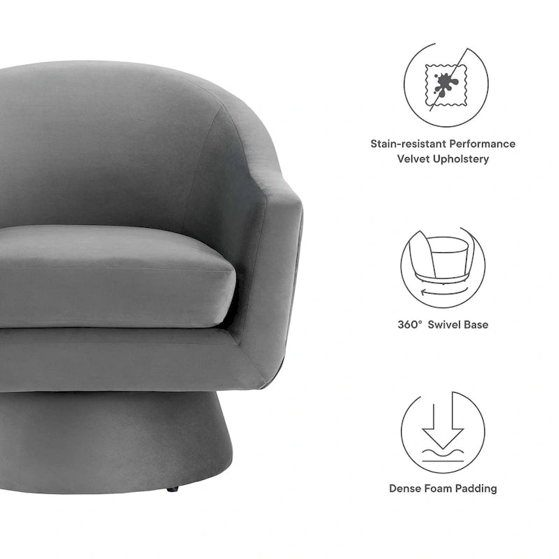 Performance Velvet Fabric and Wood Swivel Chair