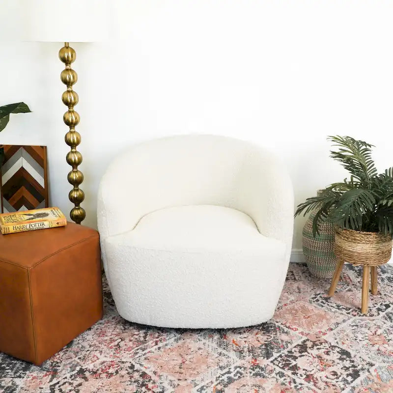 Mid Century Modern Boucle Fabric Upholstered Swivel Chair