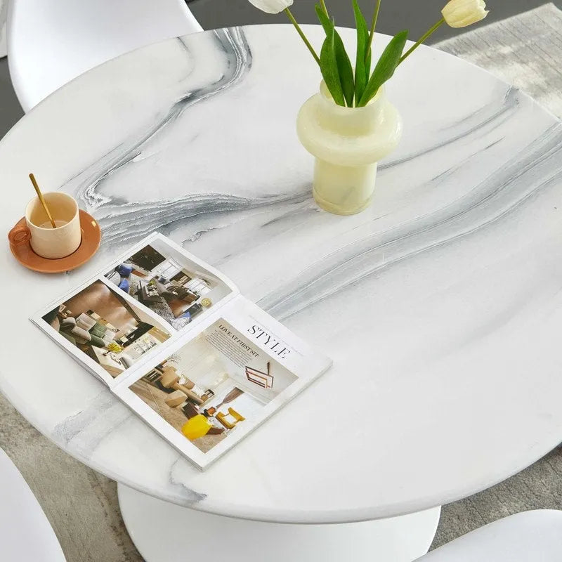 42.1 Tulip Dining Table With Round Marble Pattern Table Top for 4 - 6 People