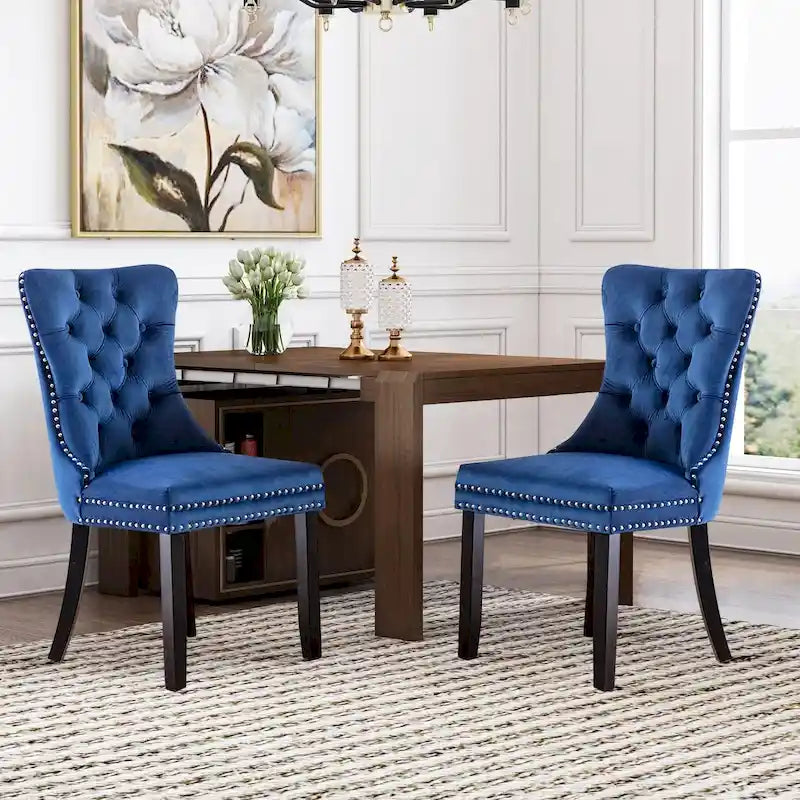 Velvet Dining Chairs Set of 2 , Upholstered High - end Tufted Dining Room Chair with Nailhead Back Ring Pull Trim Solid Wood Legs