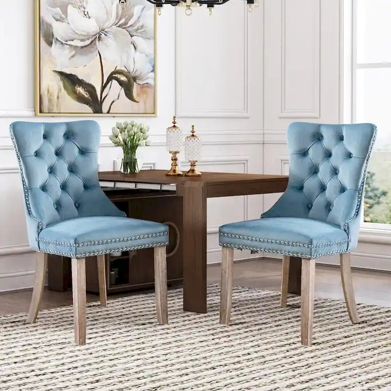 Velvet Dining Chairs Set of 2 , Upholstered High - end Tufted Dining Room Chair with Nailhead Back Ring Pull Trim Solid Wood Legs