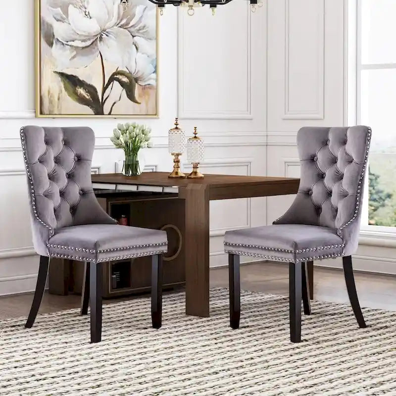 Velvet Dining Chairs Set of 2 , Upholstered High - end Tufted Dining Room Chair with Nailhead Back Ring Pull Trim Solid Wood Legs