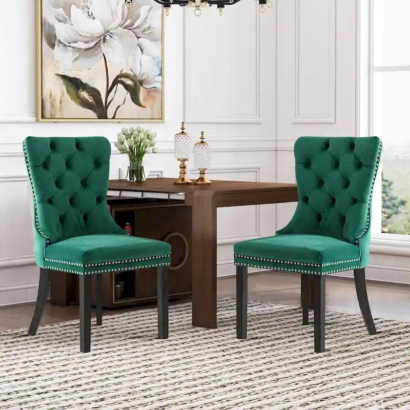 Velvet Dining Chairs Set of 2 , Upholstered High - end Tufted Dining Room Chair with Nailhead Back Ring Pull Trim Solid Wood Legs