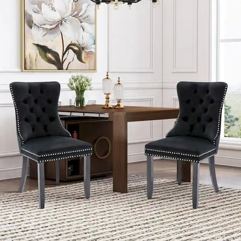Velvet Dining Chairs Set of 2 , Upholstered High - end Tufted Dining Room Chair with Nailhead Back Ring Pull Trim Solid Wood Legs