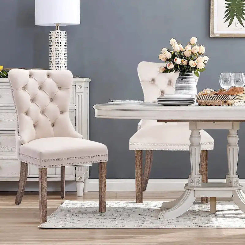 Velvet Dining Chairs Set of 2 , Upholstered High - end Tufted Dining Room Chair with Nailhead Back Ring Pull Trim Solid Wood Legs
