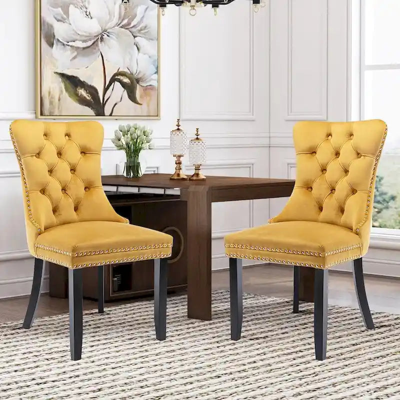 Velvet Dining Chairs Set of 2 , Upholstered High - end Tufted Dining Room Chair with Nailhead Back Ring Pull Trim Solid Wood Legs