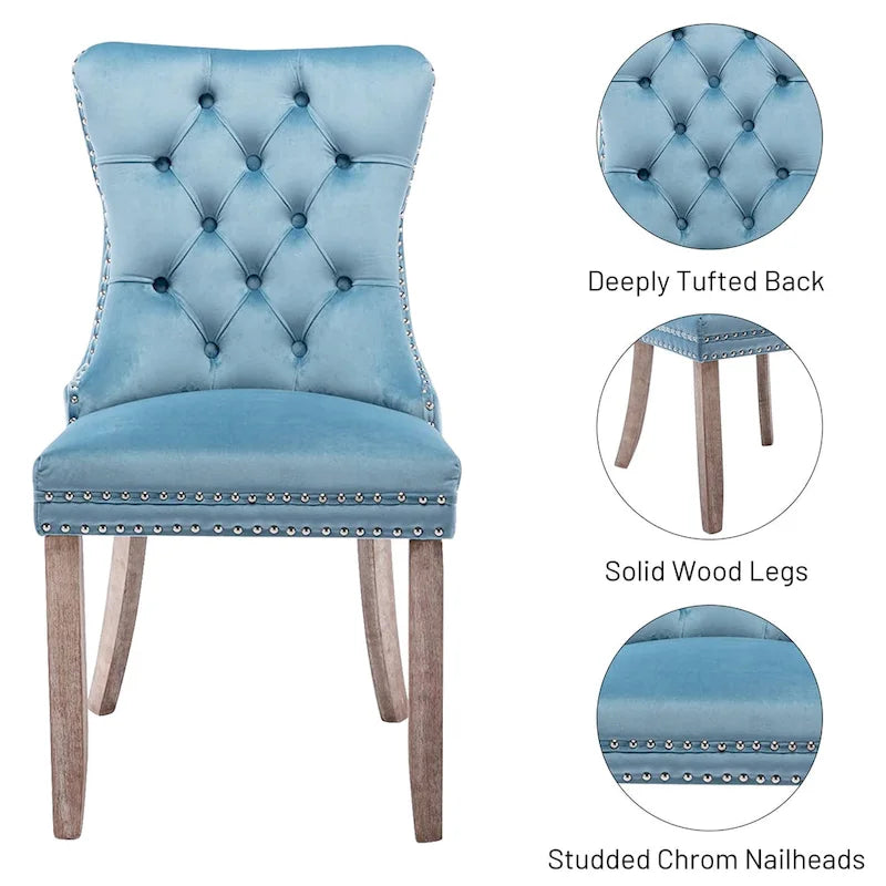 Velvet Dining Chairs Set of 2 , Upholstered High - end Tufted Dining Room Chair with Nailhead Back Ring Pull Trim Solid Wood Legs