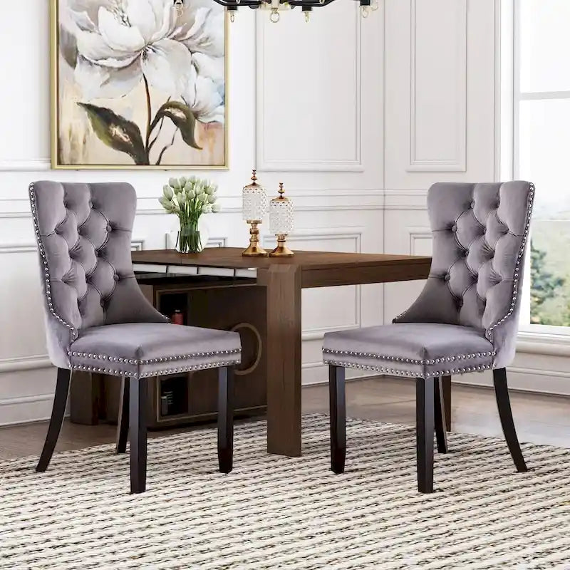 Velvet Dining Chairs Set of 2 , Upholstered High - end Tufted Dining Room Chair with Nailhead Back Ring Pull Trim Solid Wood Legs