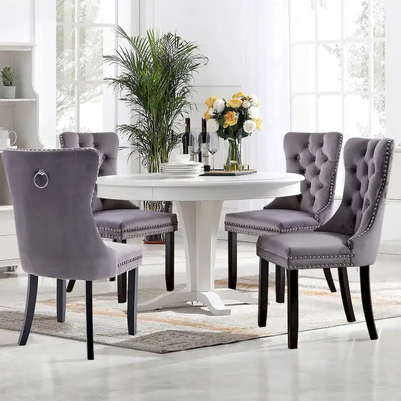 Velvet Dining Chairs Set of 2 , Upholstered High - end Tufted Dining Room Chair with Nailhead Back Ring Pull Trim Solid Wood Legs