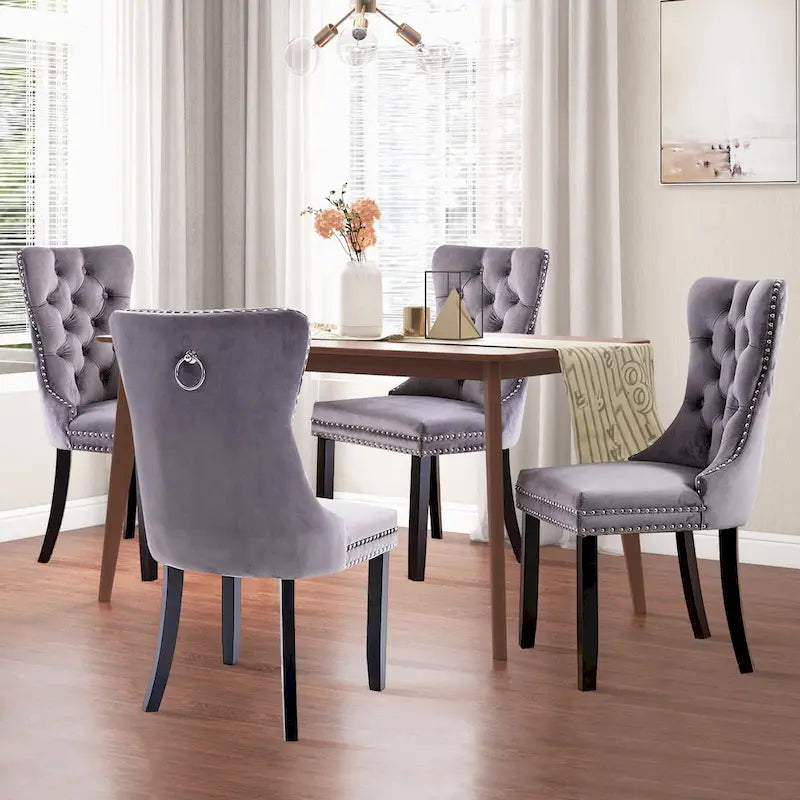 Velvet Dining Chairs Set of 2 , Upholstered High - end Tufted Dining Room Chair with Nailhead Back Ring Pull Trim Solid Wood Legs