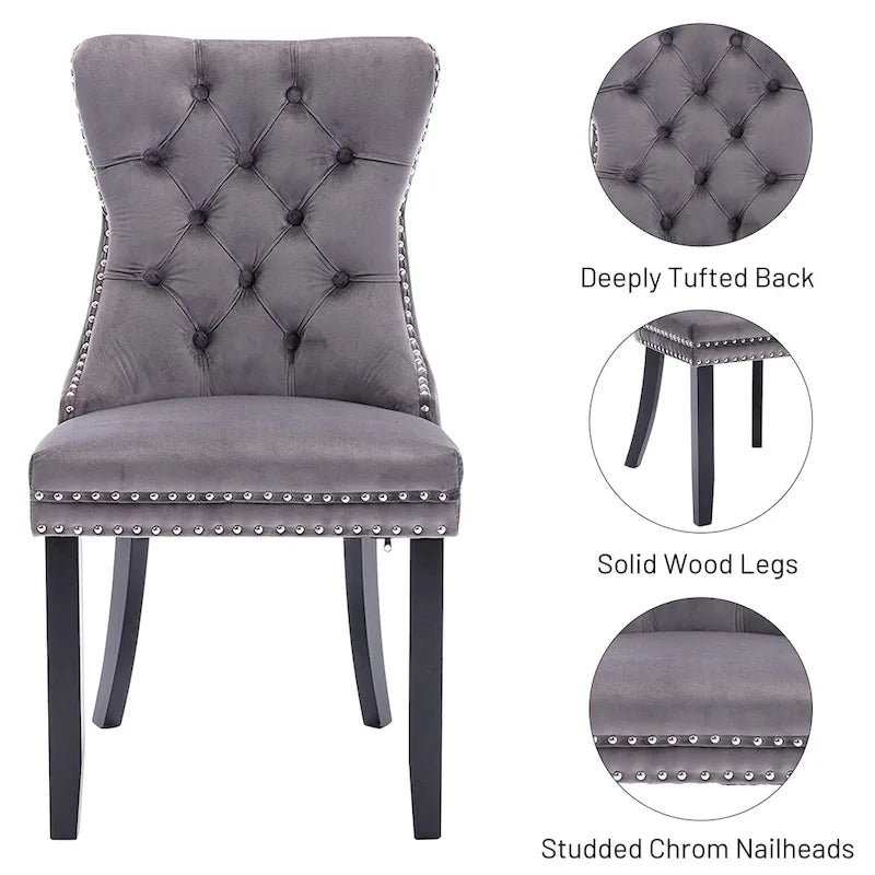 Velvet Dining Chairs Set of 2 , Upholstered High - end Tufted Dining Room Chair with Nailhead Back Ring Pull Trim Solid Wood Legs