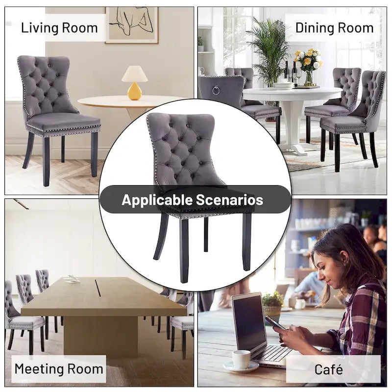 Velvet Dining Chairs Set of 2 , Upholstered High - end Tufted Dining Room Chair with Nailhead Back Ring Pull Trim Solid Wood Legs