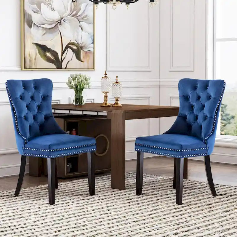 Velvet Dining Chairs Set of 2 , Upholstered High - end Tufted Dining Room Chair with Nailhead Back Ring Pull Trim Solid Wood Legs