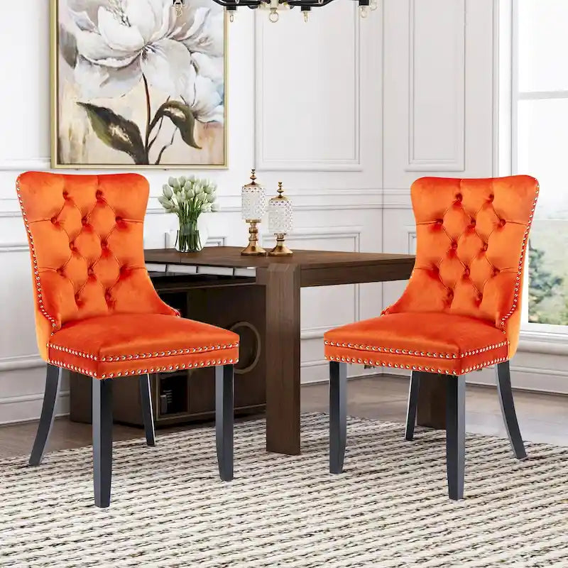 Velvet Dining Chairs Set of 2 , Upholstered High - end Tufted Dining Room Chair with Nailhead Back Ring Pull Trim Solid Wood Legs