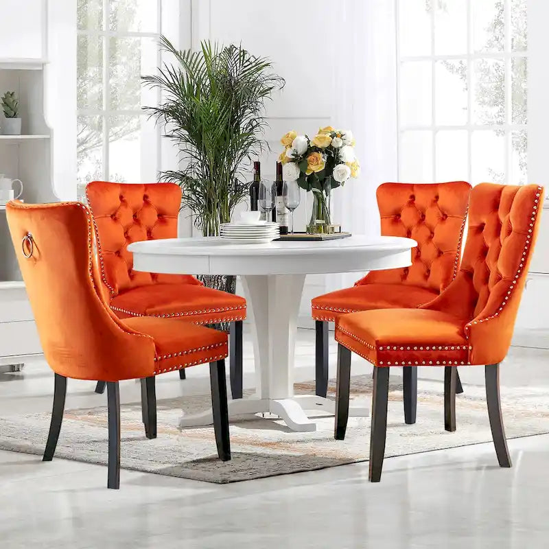 Velvet Dining Chairs Set of 2 , Upholstered High - end Tufted Dining Room Chair with Nailhead Back Ring Pull Trim Solid Wood Legs