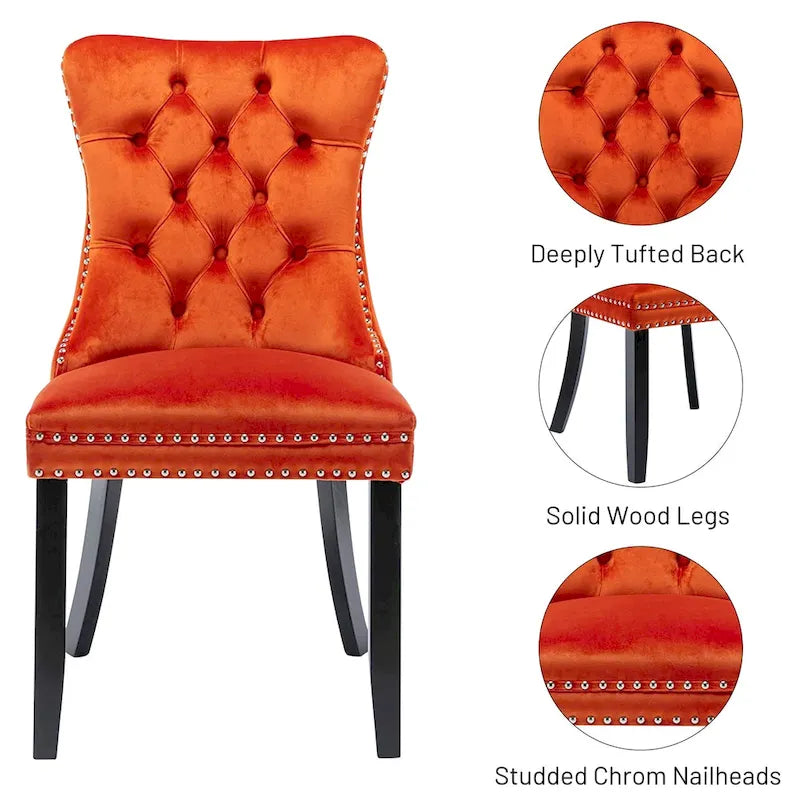 Velvet Dining Chairs Set of 2 , Upholstered High - end Tufted Dining Room Chair with Nailhead Back Ring Pull Trim Solid Wood Legs