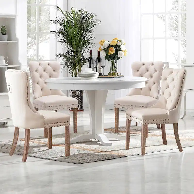 Velvet Dining Chairs Set of 2 , Upholstered High - end Tufted Dining Room Chair with Nailhead Back Ring Pull Trim Solid Wood Legs
