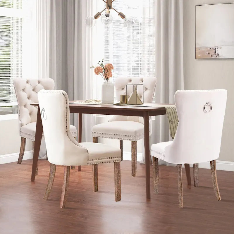 Velvet Dining Chairs Set of 2 , Upholstered High - end Tufted Dining Room Chair with Nailhead Back Ring Pull Trim Solid Wood Legs
