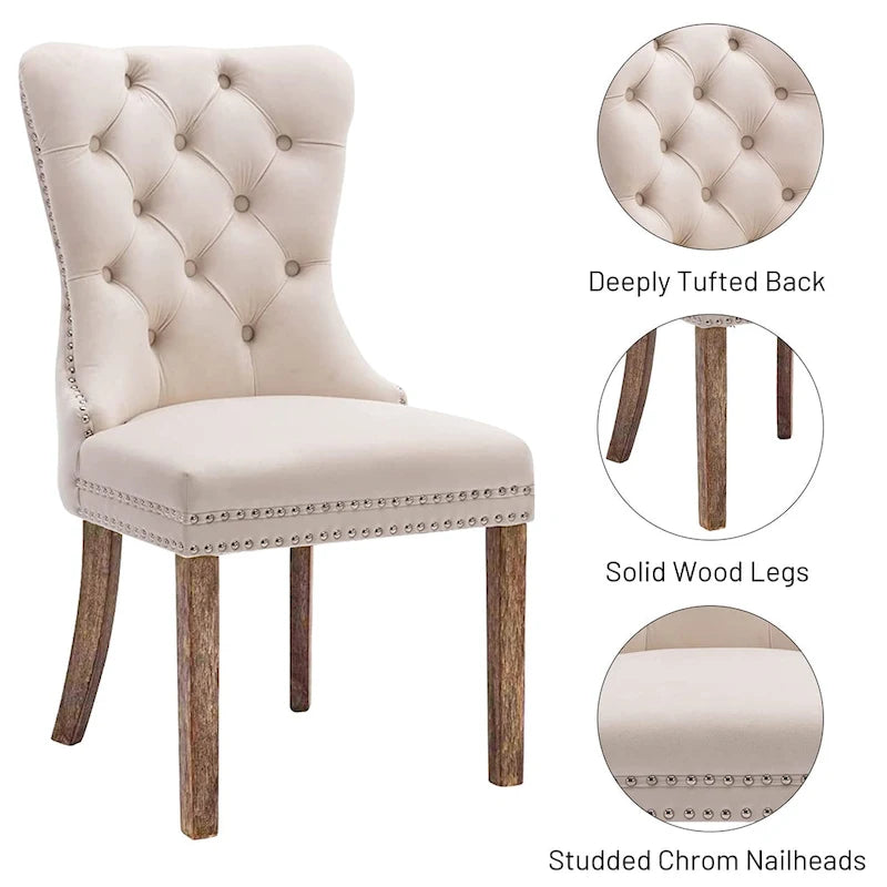Velvet Dining Chairs Set of 2 , Upholstered High - end Tufted Dining Room Chair with Nailhead Back Ring Pull Trim Solid Wood Legs