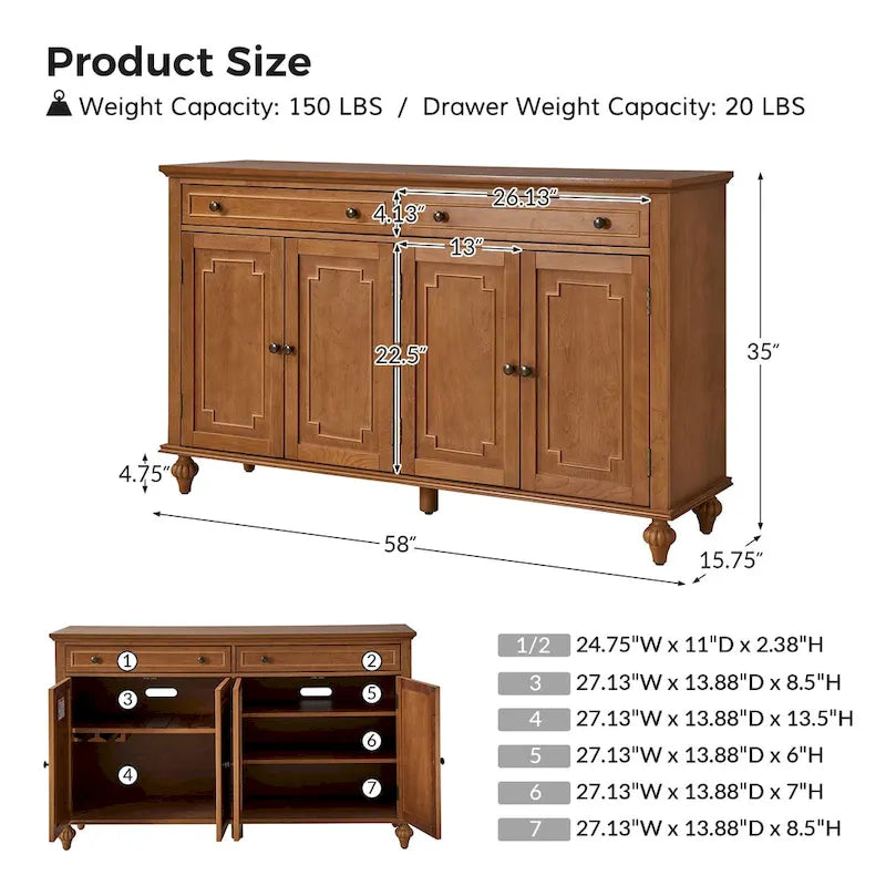 58Traditional Wide 2 Drawer Sideboard with Adjustable Shelves