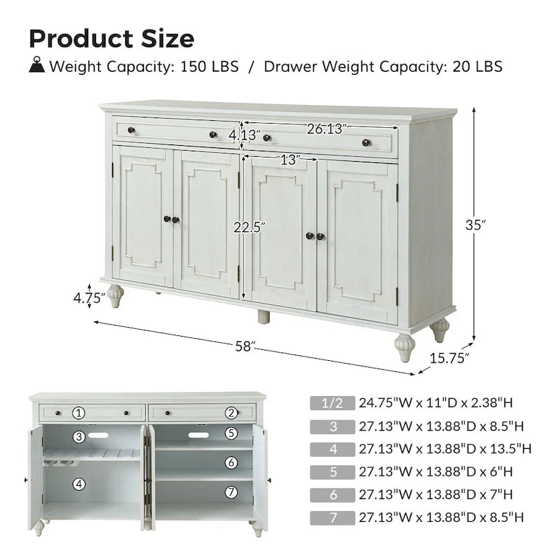 58Traditional Wide 2 Drawer Sideboard with Adjustable Shelves