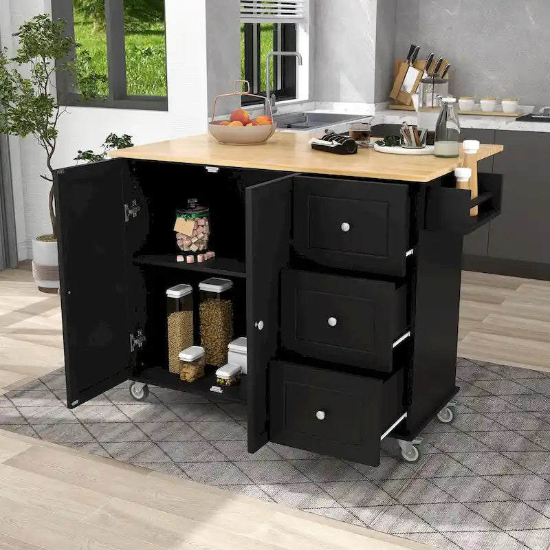Rolling Mobile Kitchen Island with Drop Leaf - Solid Wood Top , Locking Wheels & Storage Cabinet 52.7 Inch Width
