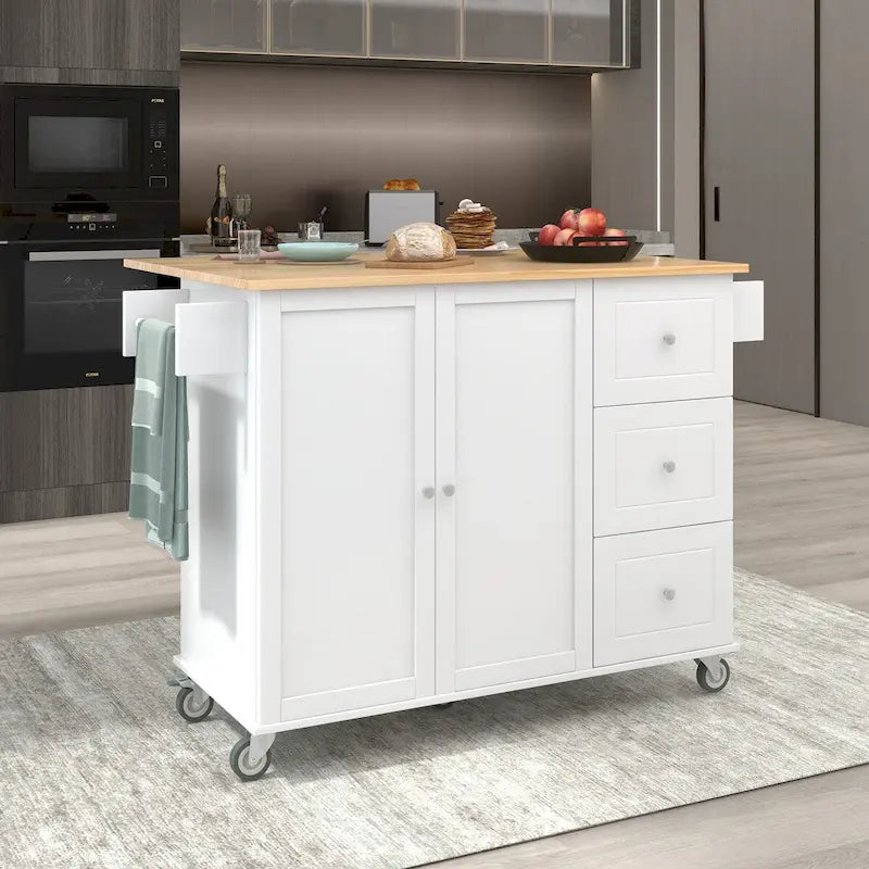 Rolling Mobile Kitchen Island with Drop Leaf - Solid Wood Top , Locking Wheels & Storage Cabinet 52.7 Inch Width