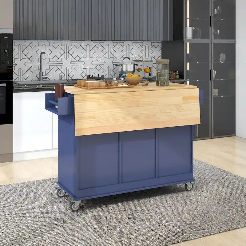 Rolling Mobile Kitchen Island with Drop Leaf - Solid Wood Top , Locking Wheels & Storage Cabinet 52.7 Inch Width