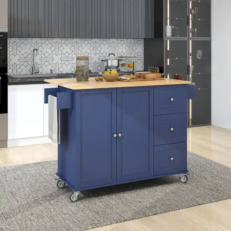 Rolling Mobile Kitchen Island with Drop Leaf - Solid Wood Top , Locking Wheels & Storage Cabinet 52.7 Inch Width