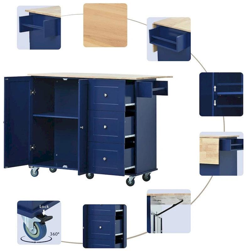 Rolling Mobile Kitchen Island with Drop Leaf - Solid Wood Top , Locking Wheels & Storage Cabinet 52.7 Inch Width