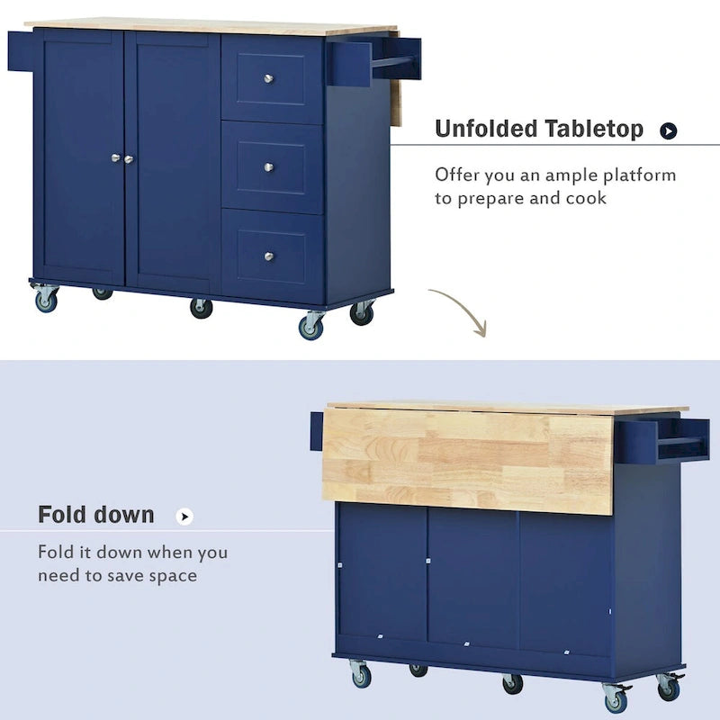 Rolling Mobile Kitchen Island with Drop Leaf - Solid Wood Top , Locking Wheels & Storage Cabinet 52.7 Inch Width