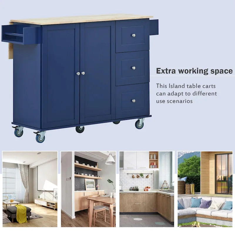 Rolling Mobile Kitchen Island with Drop Leaf - Solid Wood Top , Locking Wheels & Storage Cabinet 52.7 Inch Width