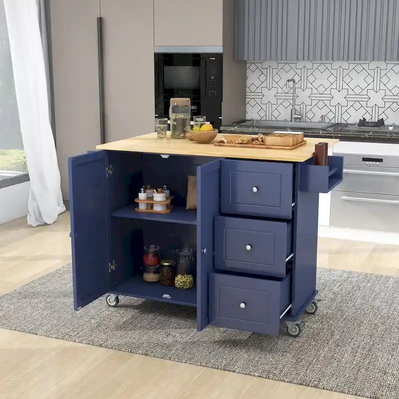 Rolling Mobile Kitchen Island with Drop Leaf - Solid Wood Top , Locking Wheels & Storage Cabinet 52.7 Inch Width