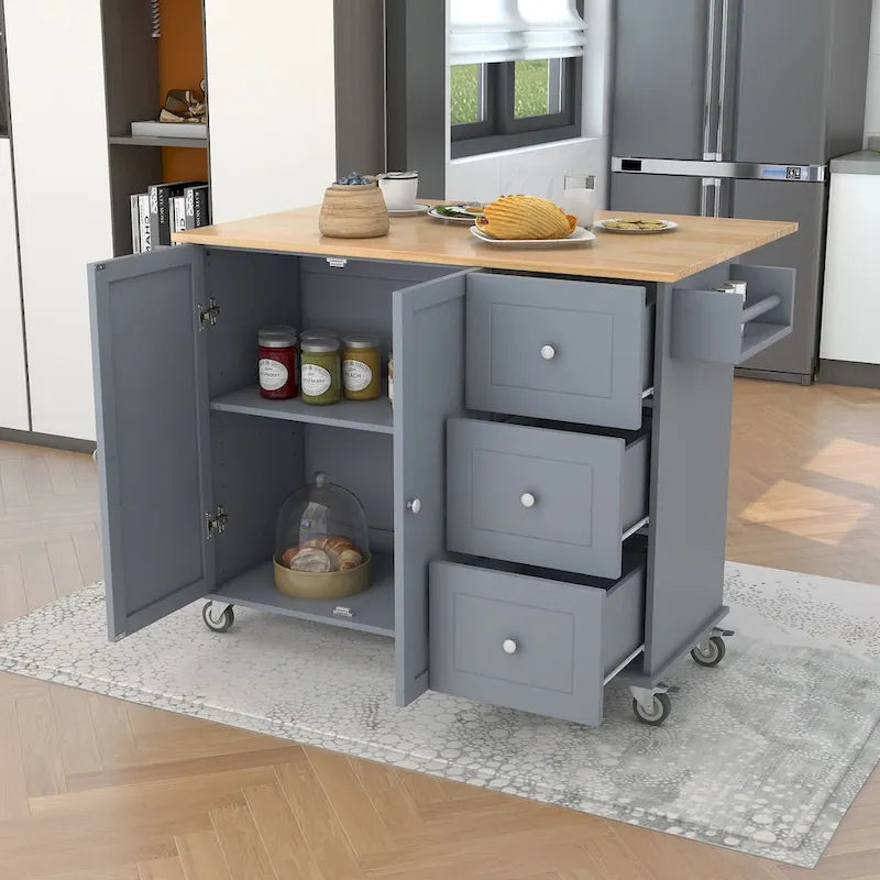 Rolling Mobile Kitchen Island with Drop Leaf - Solid Wood Top , Locking Wheels & Storage Cabinet 52.7 Inch Width