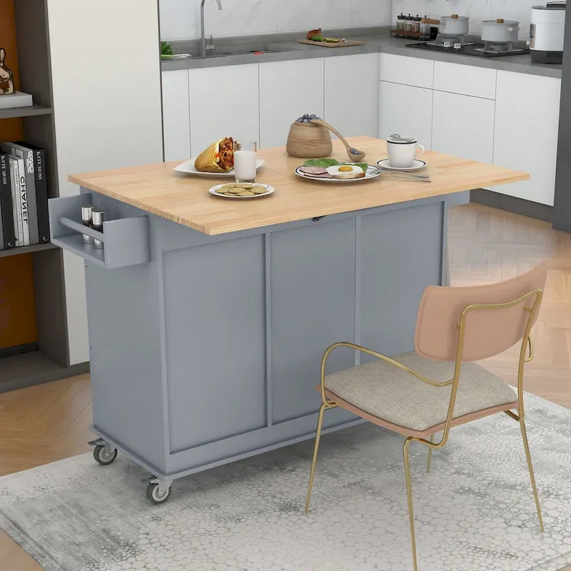Rolling Mobile Kitchen Island with Drop Leaf - Solid Wood Top , Locking Wheels & Storage Cabinet 52.7 Inch Width