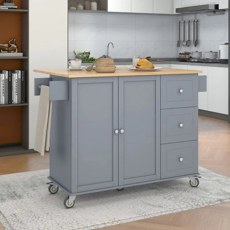 Rolling Mobile Kitchen Island with Drop Leaf - Solid Wood Top , Locking Wheels & Storage Cabinet 52.7 Inch Width