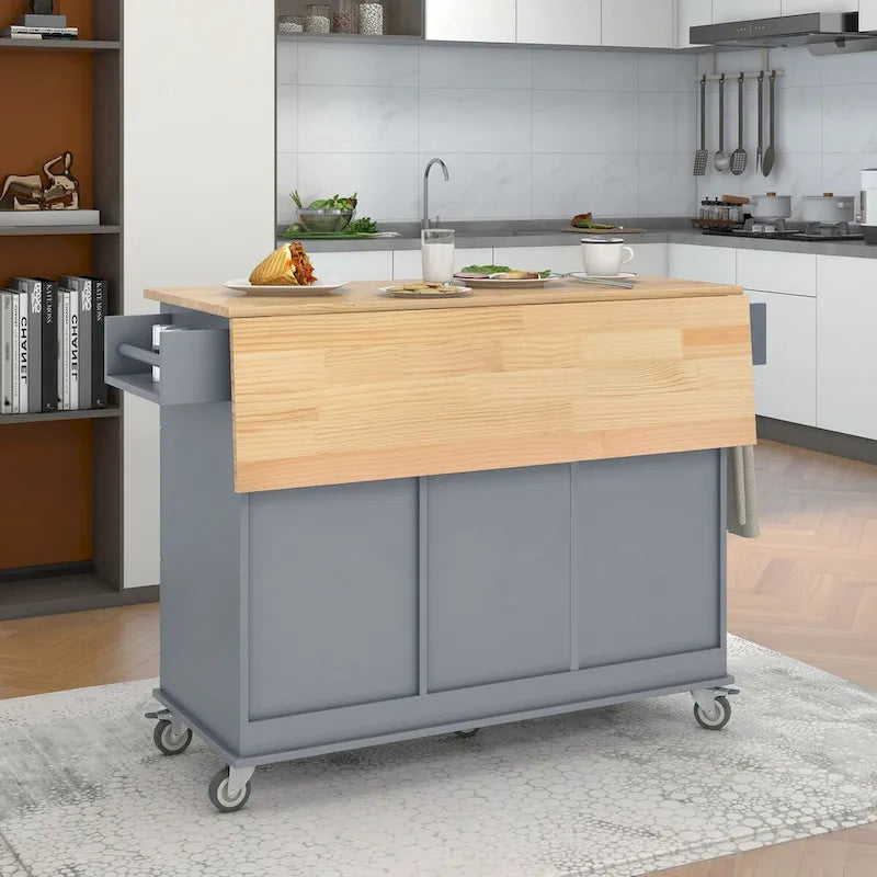 Rolling Mobile Kitchen Island with Drop Leaf - Solid Wood Top , Locking Wheels & Storage Cabinet 52.7 Inch Width