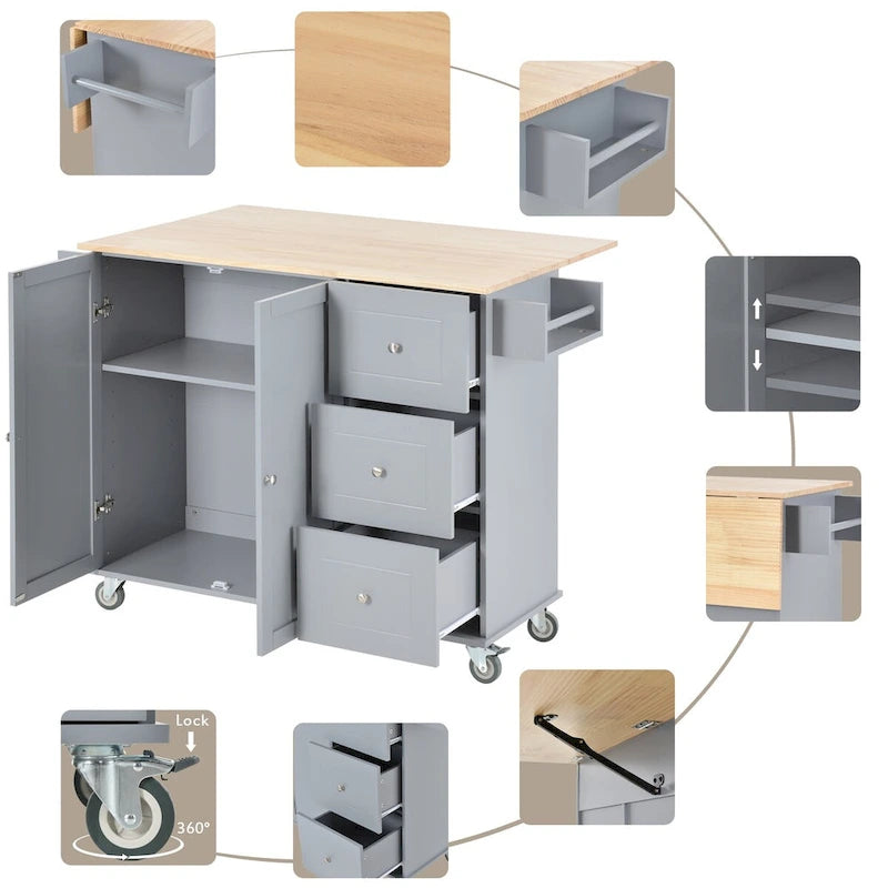 Rolling Mobile Kitchen Island with Drop Leaf - Solid Wood Top , Locking Wheels & Storage Cabinet 52.7 Inch Width