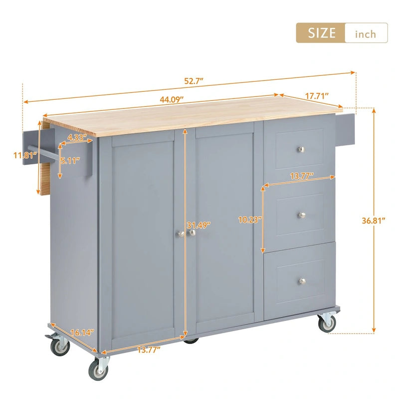 Rolling Mobile Kitchen Island with Drop Leaf - Solid Wood Top , Locking Wheels & Storage Cabinet 52.7 Inch Width