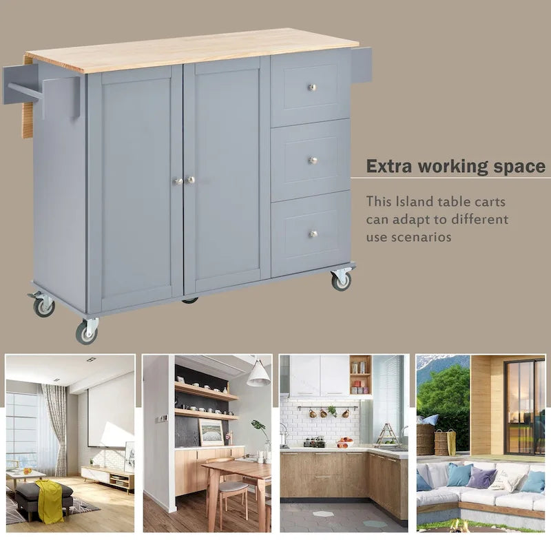 Rolling Mobile Kitchen Island with Drop Leaf - Solid Wood Top , Locking Wheels & Storage Cabinet 52.7 Inch Width