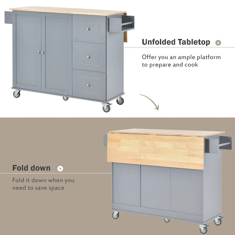 Rolling Mobile Kitchen Island with Drop Leaf - Solid Wood Top , Locking Wheels & Storage Cabinet 52.7 Inch Width