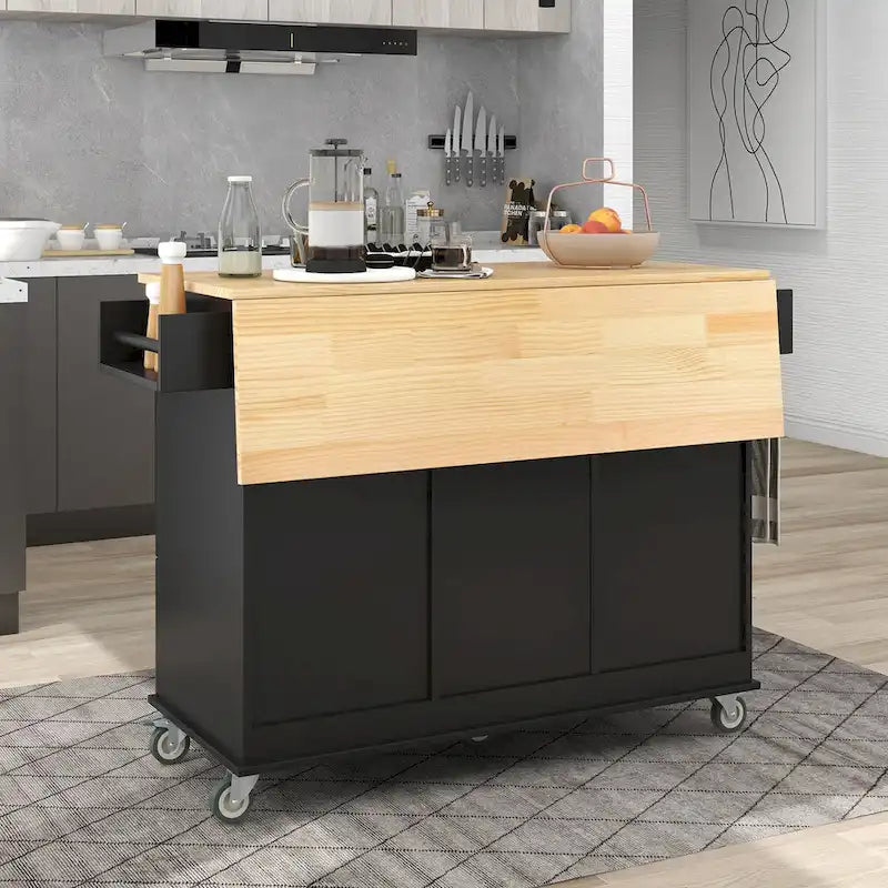 Rolling Mobile Kitchen Island with Drop Leaf - Solid Wood Top , Locking Wheels & Storage Cabinet 52.7 Inch Width