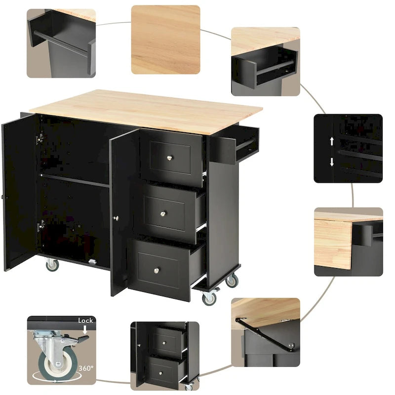Rolling Mobile Kitchen Island with Drop Leaf - Solid Wood Top , Locking Wheels & Storage Cabinet 52.7 Inch Width