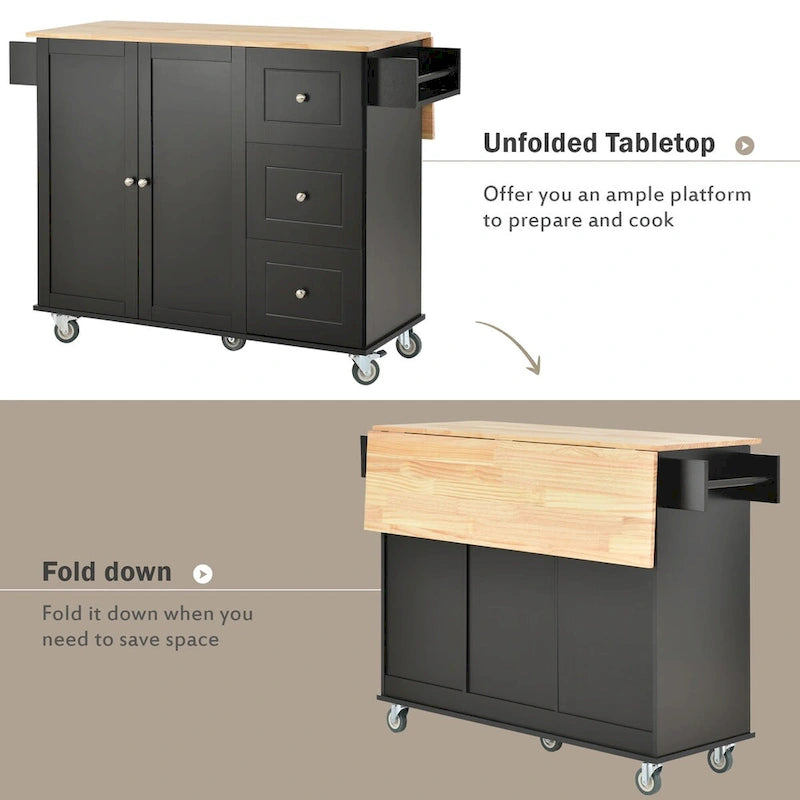 Rolling Mobile Kitchen Island with Drop Leaf - Solid Wood Top , Locking Wheels & Storage Cabinet 52.7 Inch Width