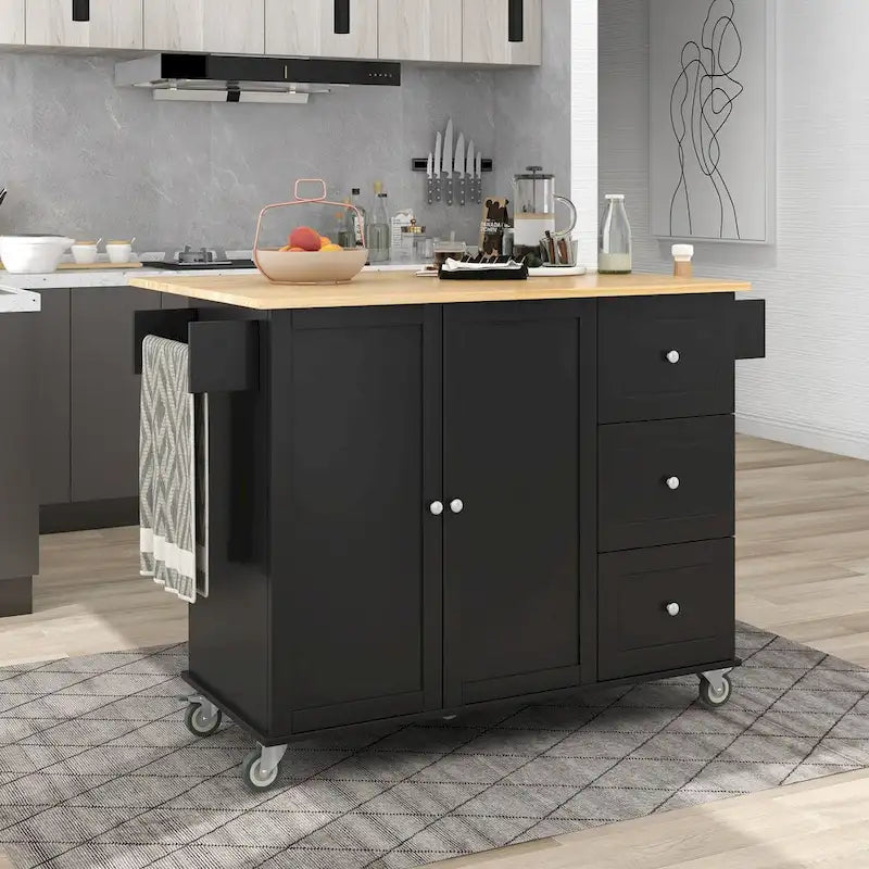 Rolling Mobile Kitchen Island with Drop Leaf - Solid Wood Top , Locking Wheels & Storage Cabinet 52.7 Inch Width