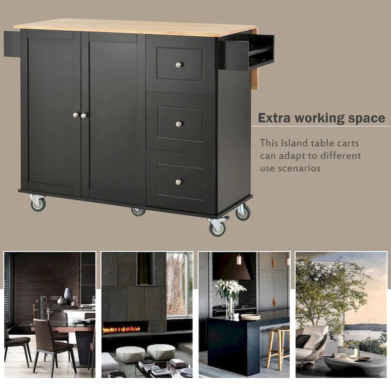 Rolling Mobile Kitchen Island with Drop Leaf - Solid Wood Top , Locking Wheels & Storage Cabinet 52.7 Inch Width