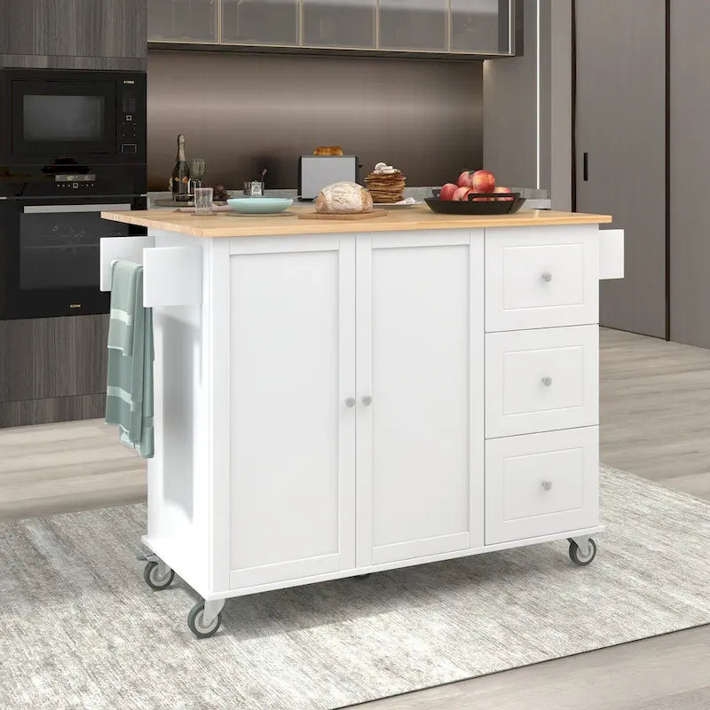 Rolling Mobile Kitchen Island with Drop Leaf - Solid Wood Top , Locking Wheels & Storage Cabinet 52.7 Inch Width