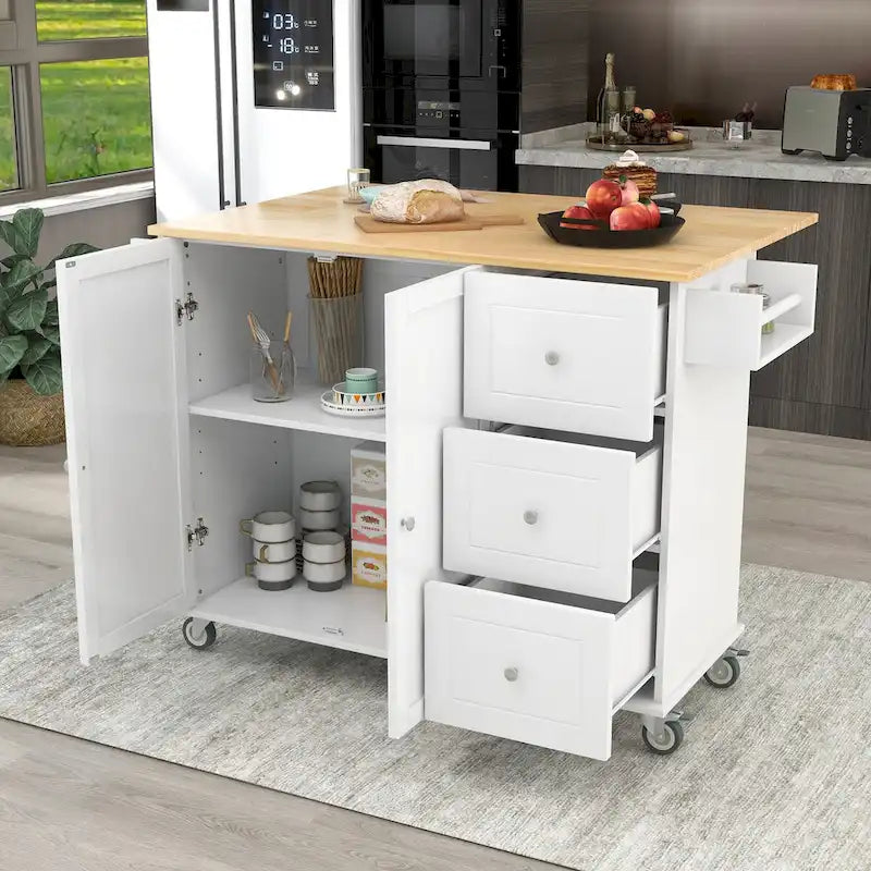 Rolling Mobile Kitchen Island with Drop Leaf - Solid Wood Top , Locking Wheels & Storage Cabinet 52.7 Inch Width