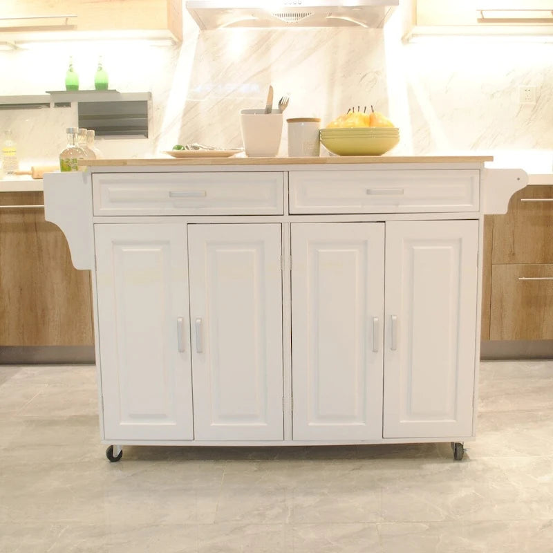 Kitchen Island & Kitchen Cart , Rubber Wood Top , Big & Adjustable Shelf Inside Cabinet for Different Utensils.
